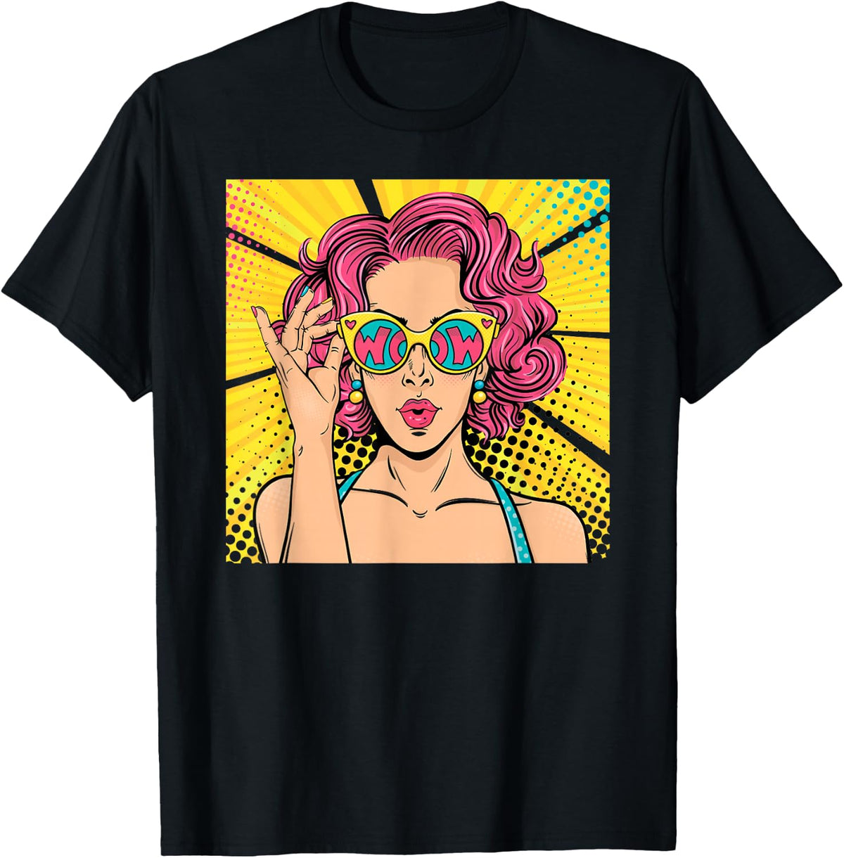Wow Pop Art Girl Face Shirt Surprised Woman with Pink Hair T-Shirt
